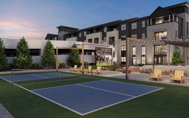 Pickleball court at austin apartment complex lit up at night