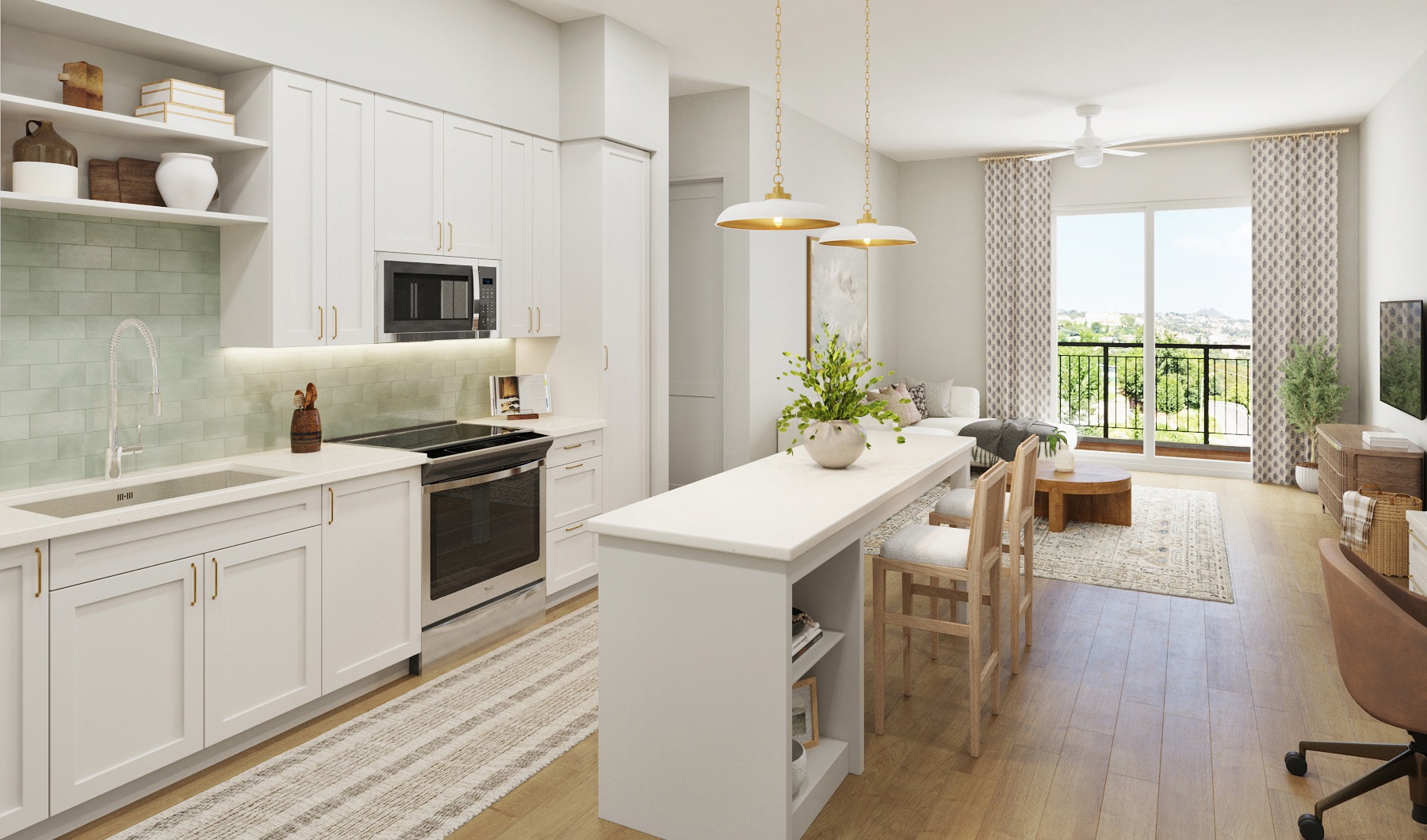 a kitchen with a green backsplash