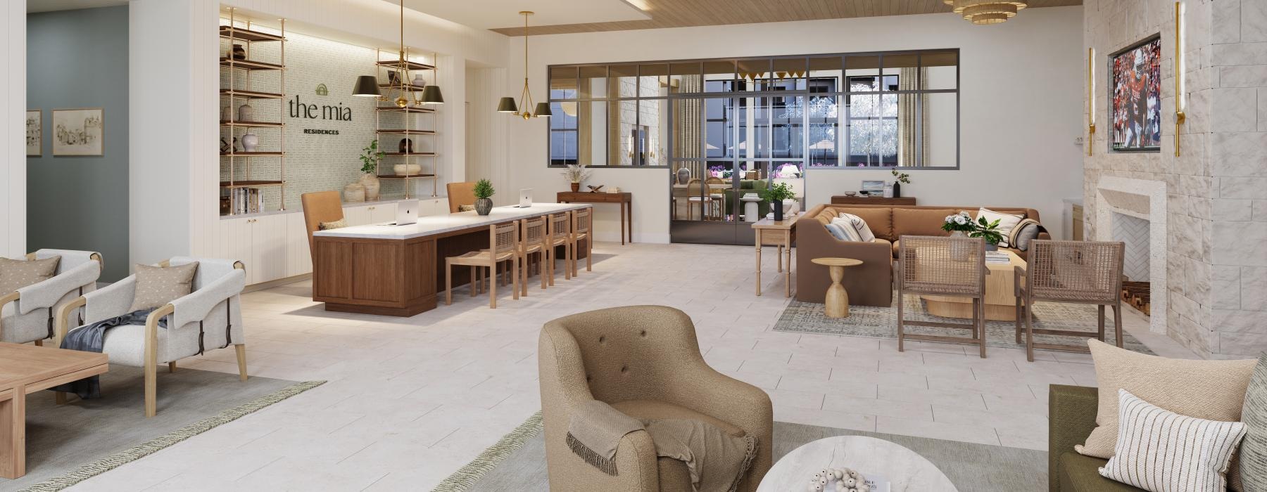 a lobby with tables and chairs